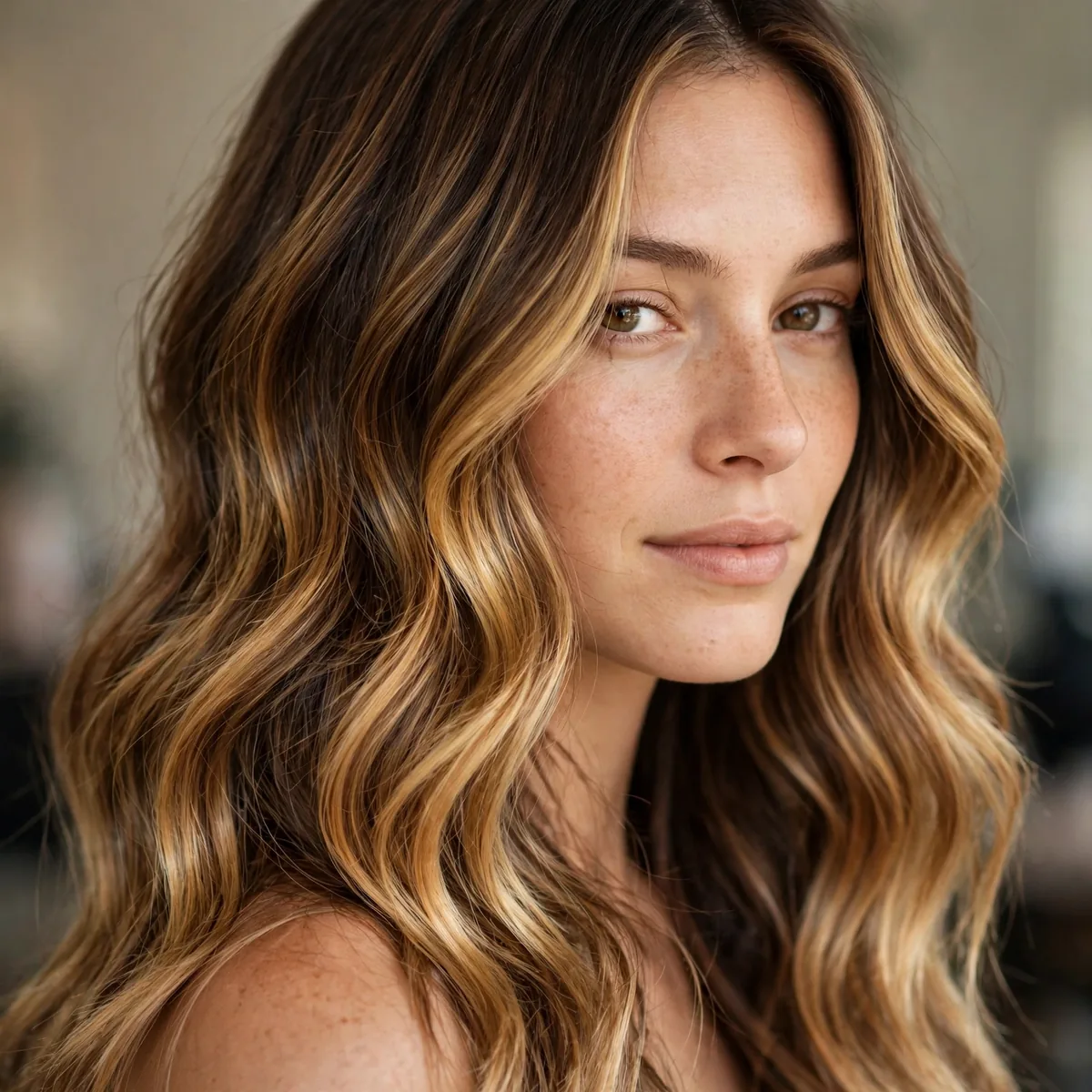 Classic golden honey balayage on long brown hair with soft waves