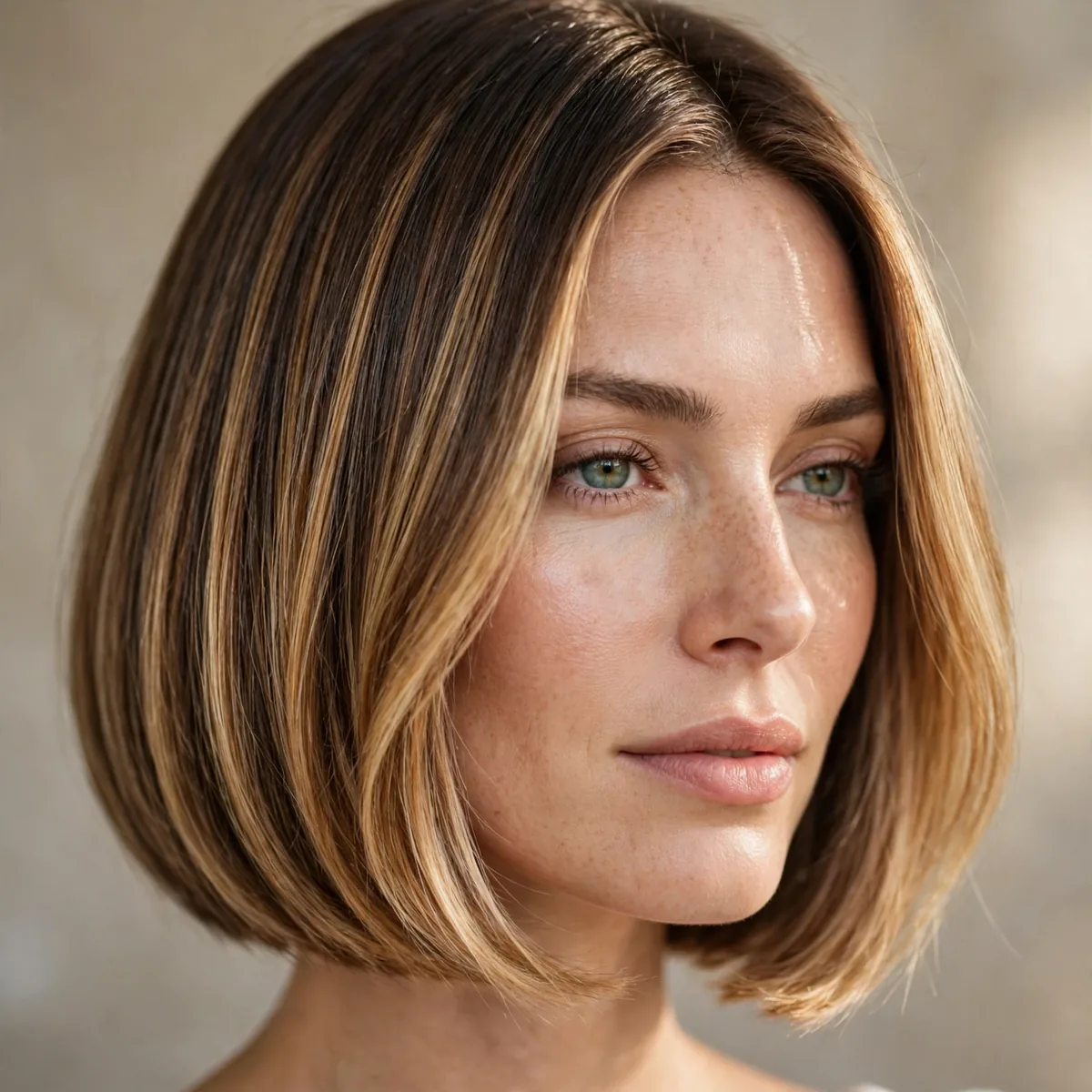 Sleek bob haircut with honey balayage dimension