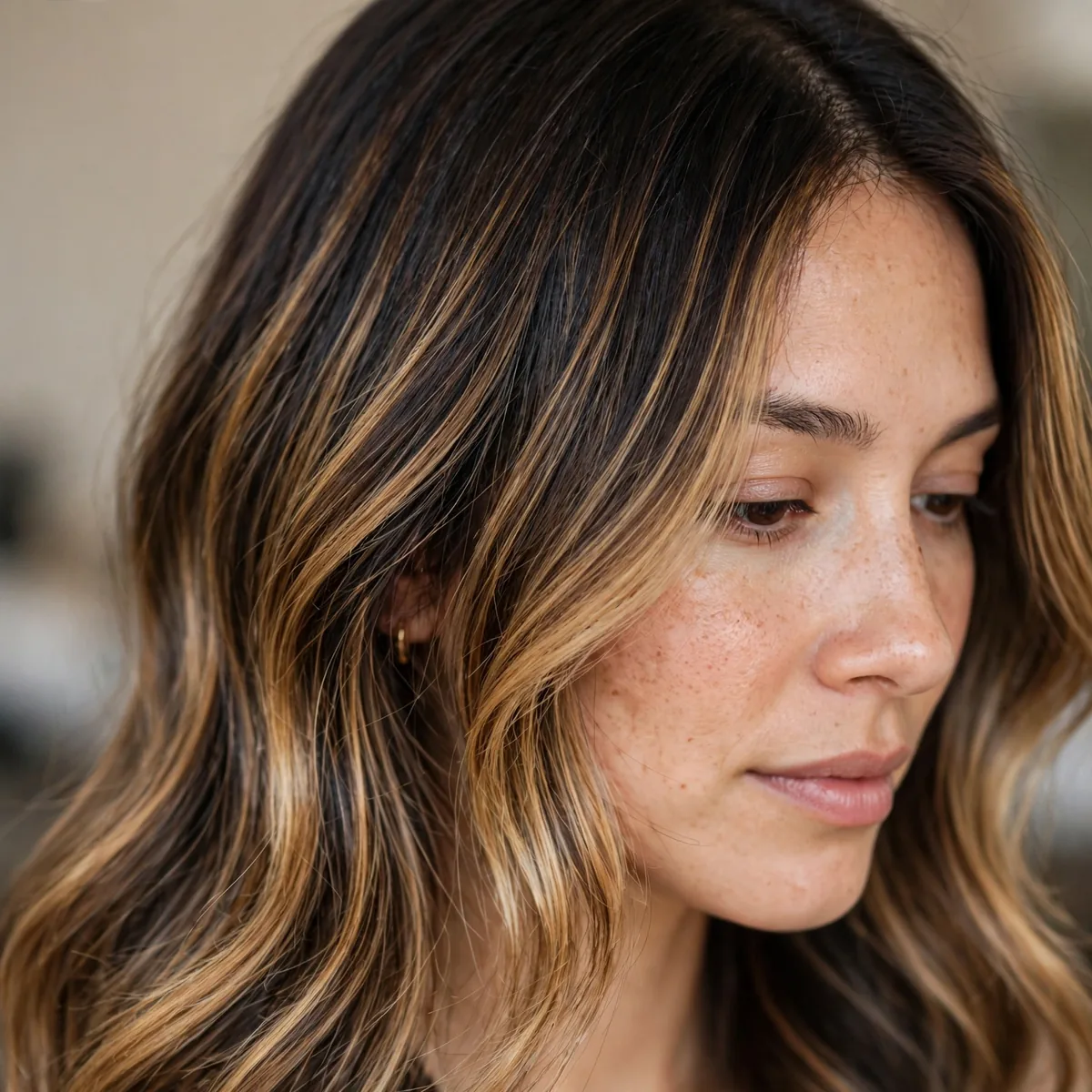Dark rooted honey balayage with seamless grow out on long hair