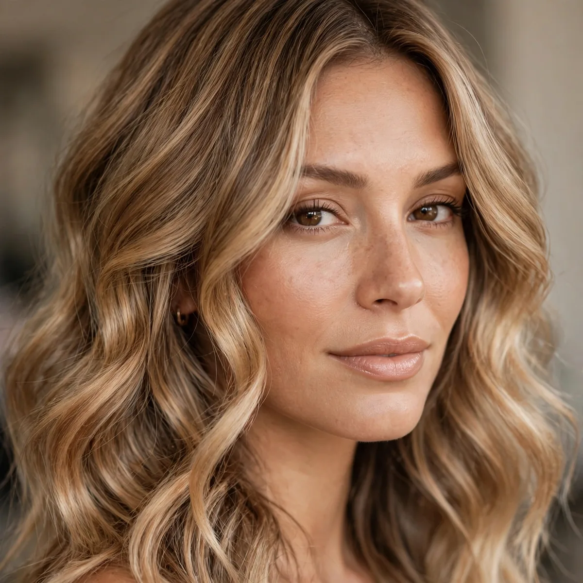 Champagne honey balayage with light golden blonde tones on wavy hair