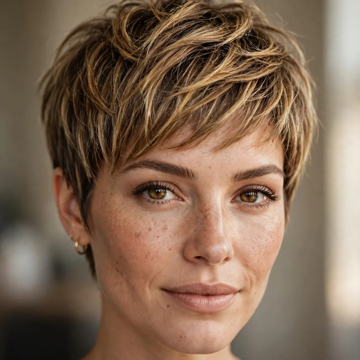 Pixie haircut with honey balayage pieces adding dimension