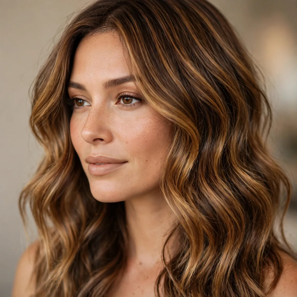 Bronzed honey balayage with deep golden brown tones on wavy hair