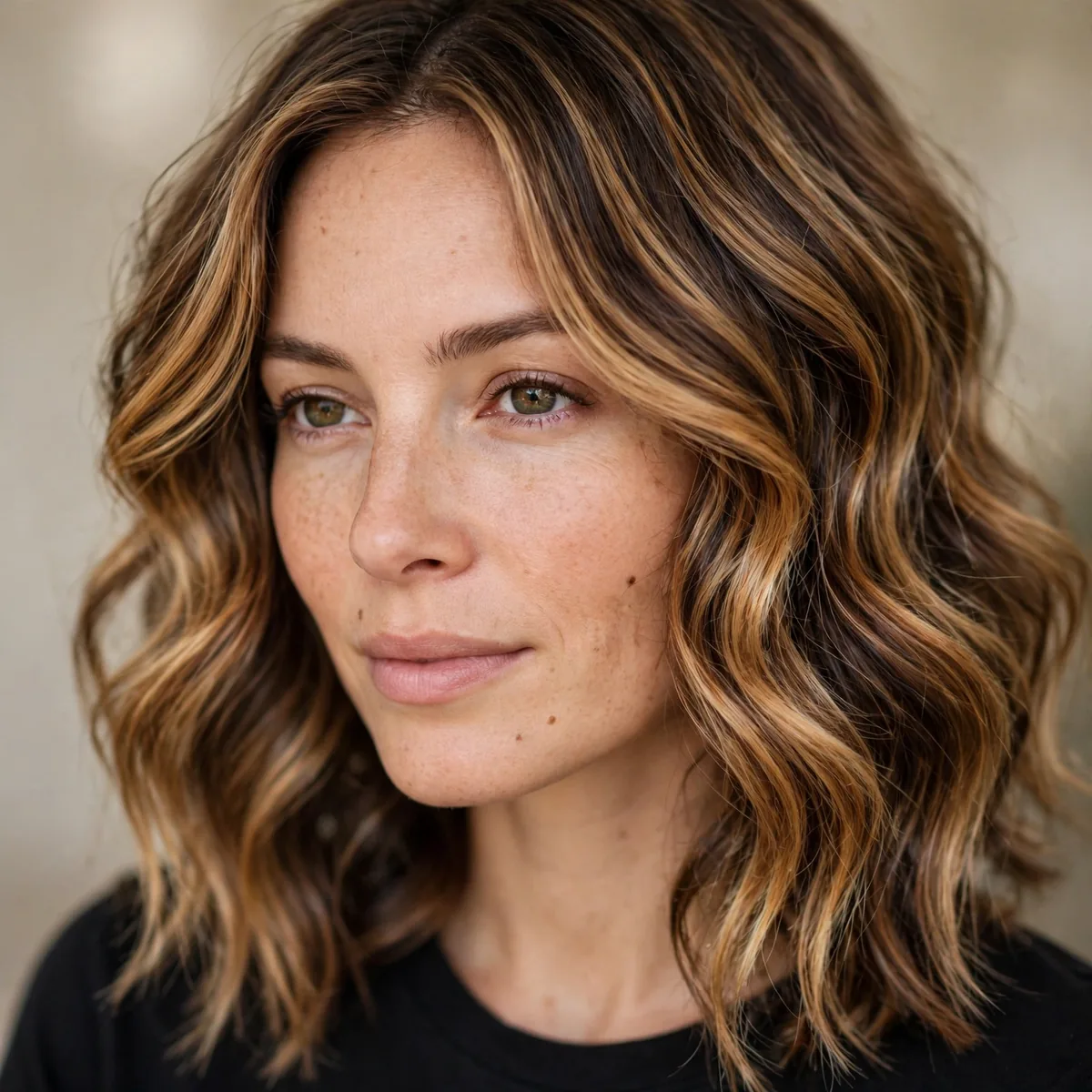 Honey balayage combined with darker lowlights for rich dimension