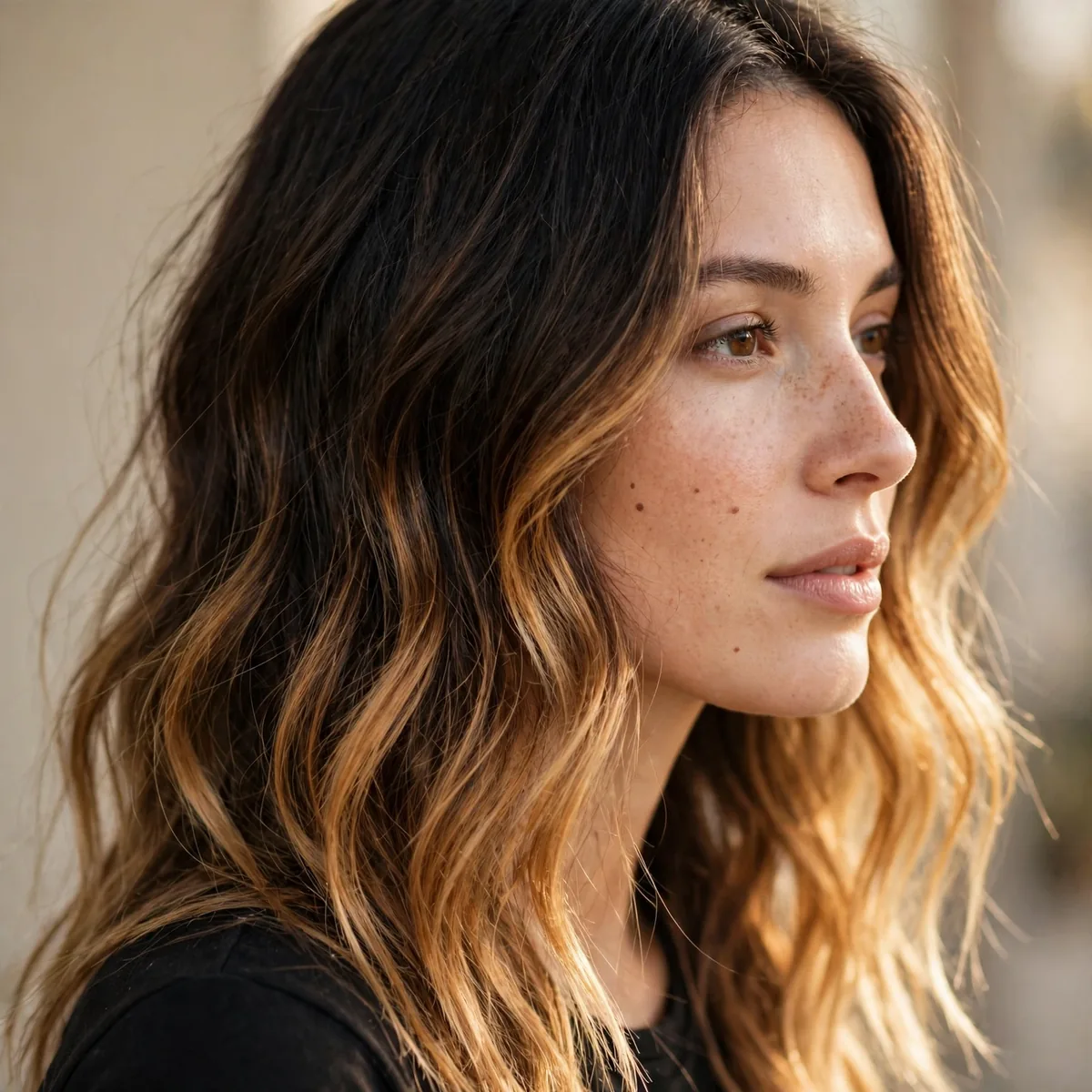 Natural dark hair with sun kissed honey colored ends