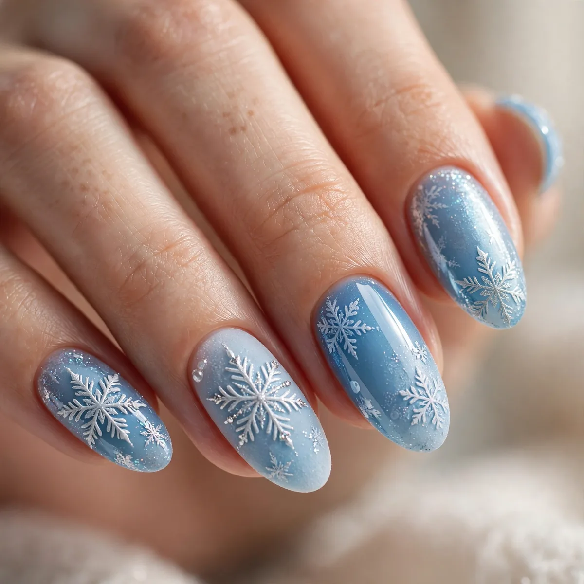 Snowflake ice blue nail combination