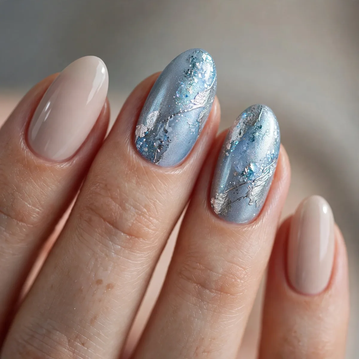 Silver ice blue accent nails