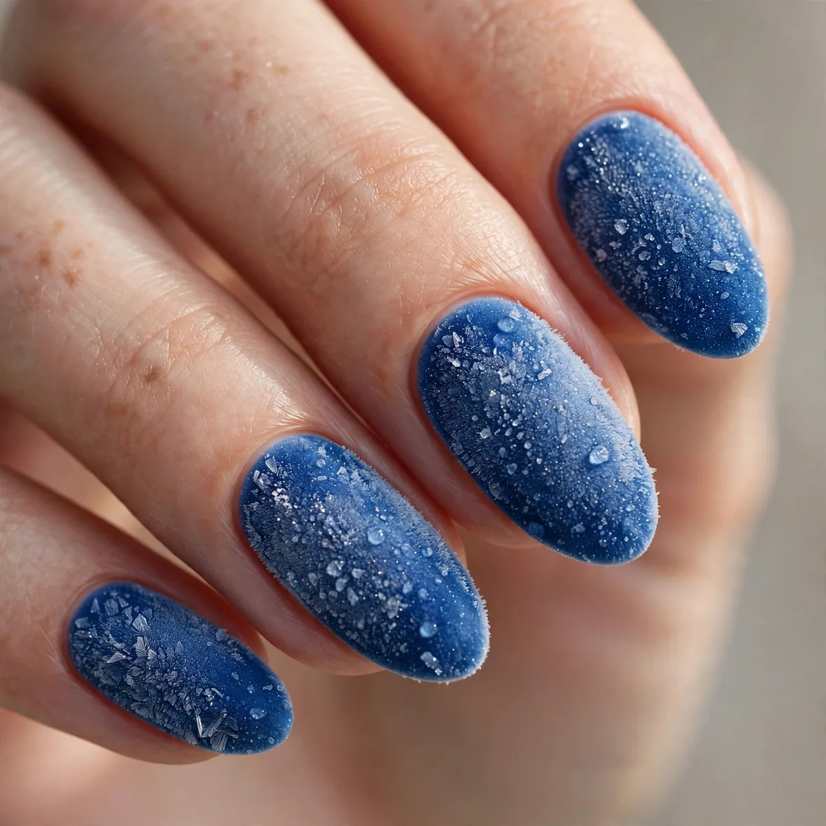 Velvet blue frozen nail texture