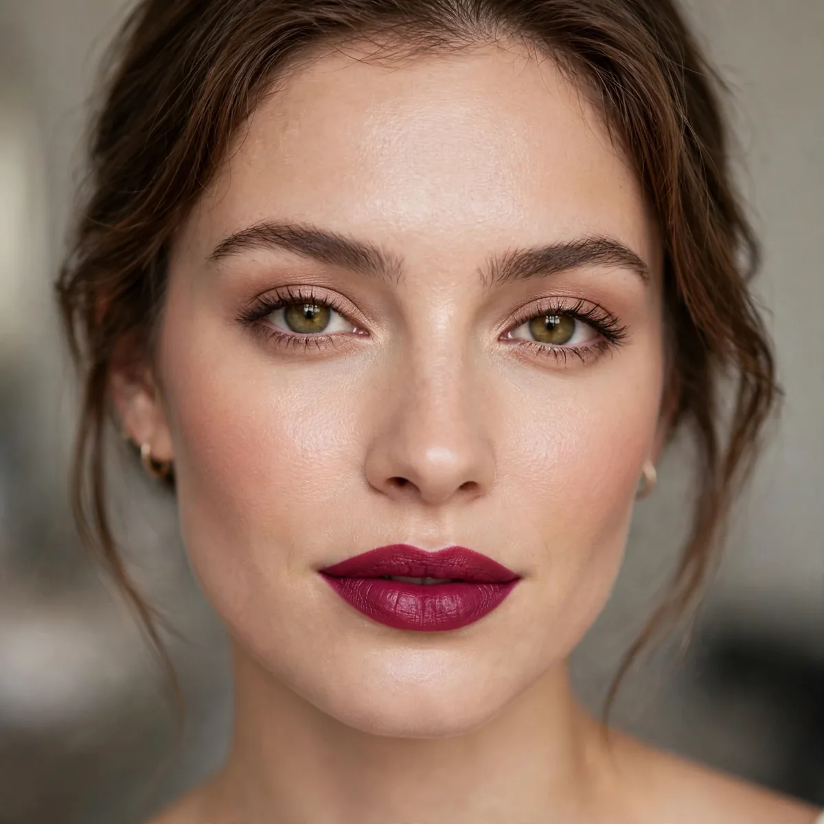 Professional makeup with confident berry lipstick for interview