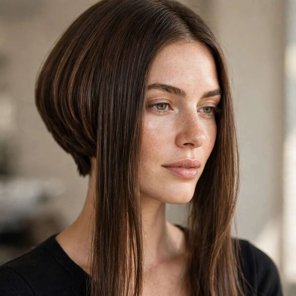 Inverted bob with extra long front pieces framing the face