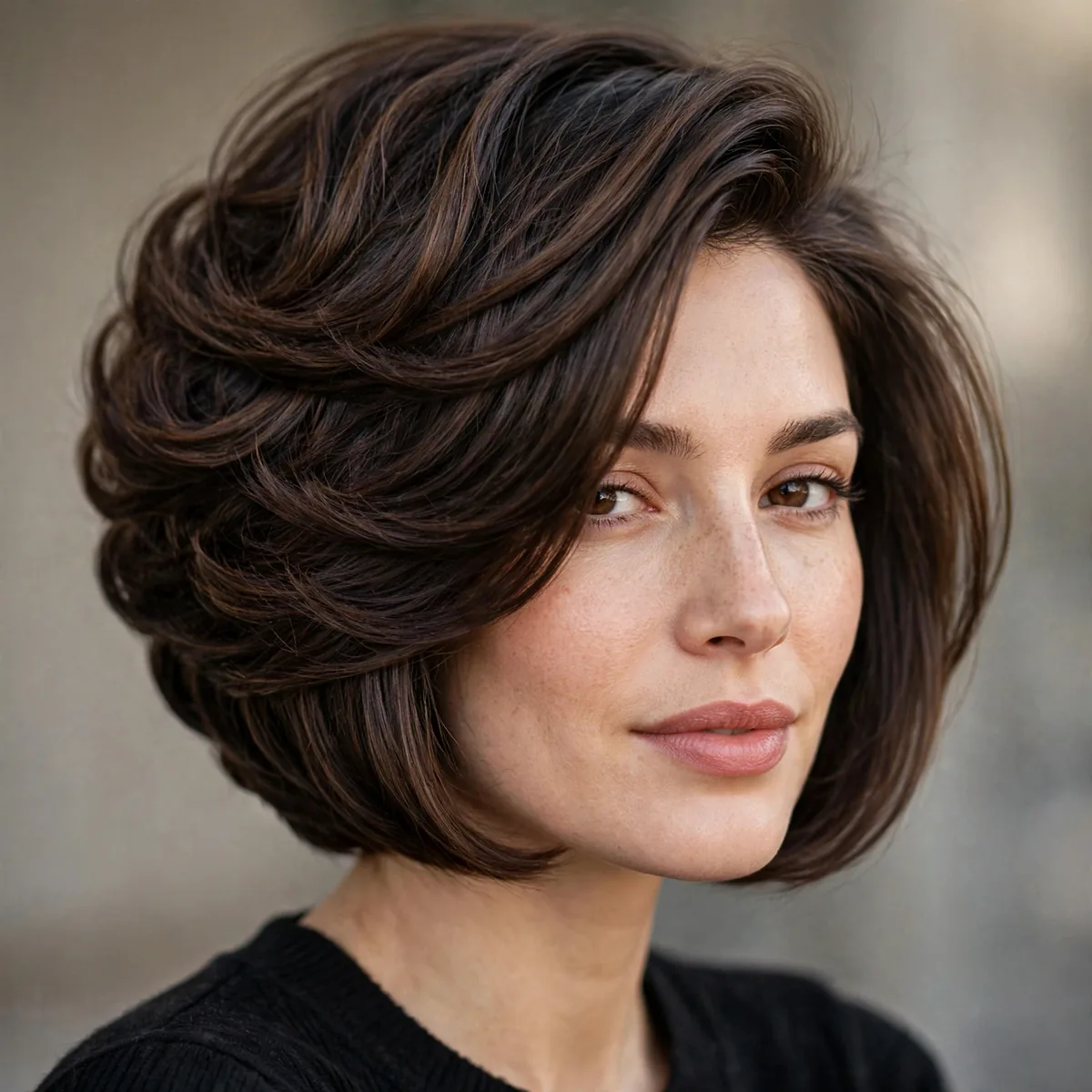 Deeply stacked inverted bob with rounded volume in back