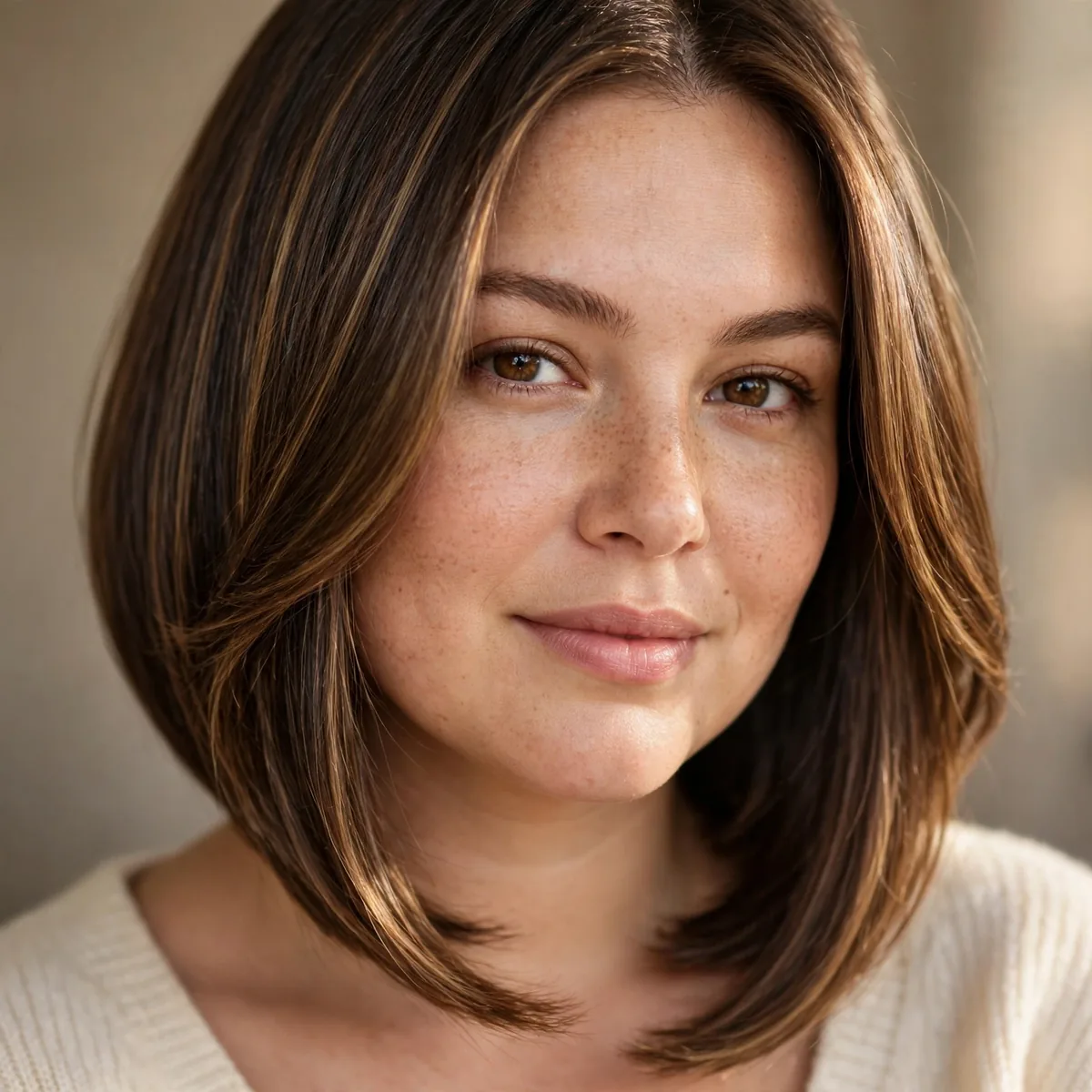 Long inverted bob at collarbone length flattering a round face