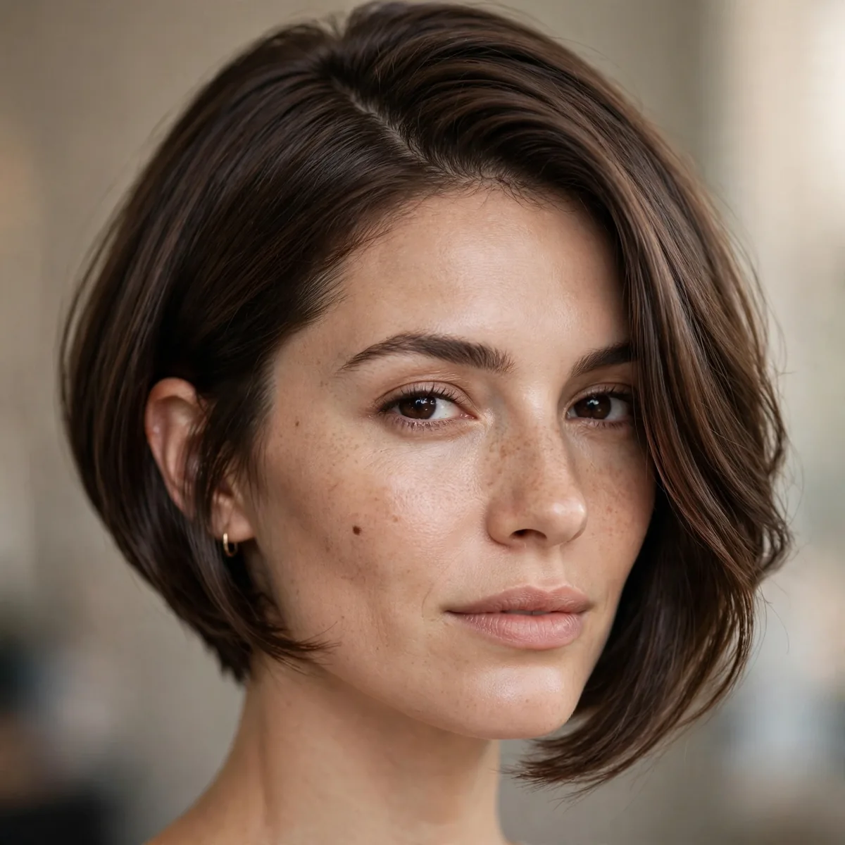 Inverted bob styled with a deep side part