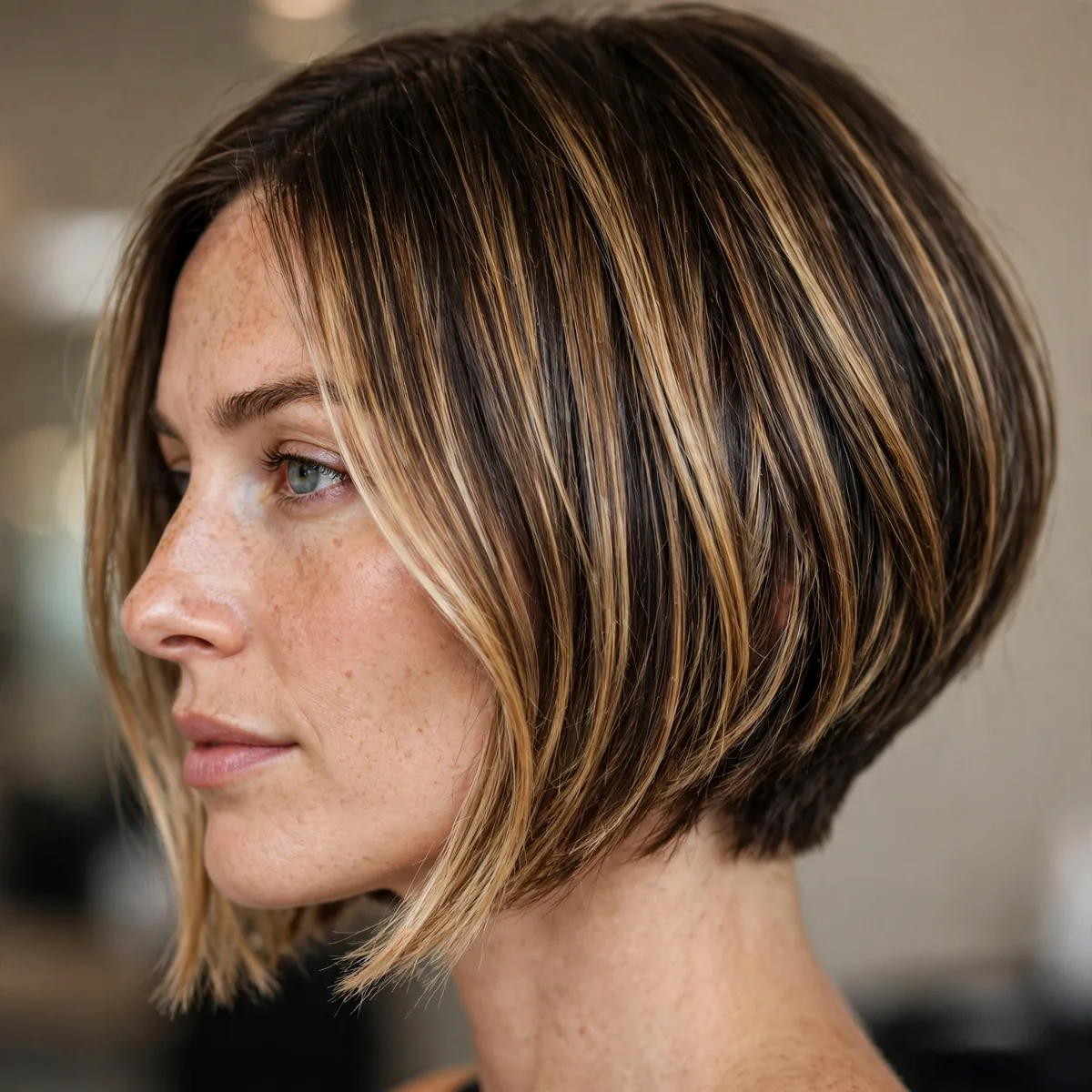 Inverted bob with dimensional highlights showing off the angle