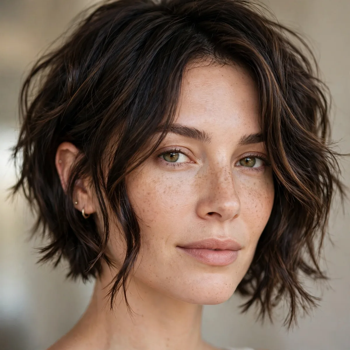 Textured inverted bob with piece-y ends on wavy hair
