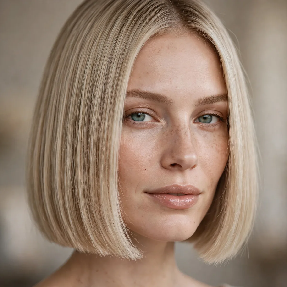 One length blunt bob at jaw level on fine hair
