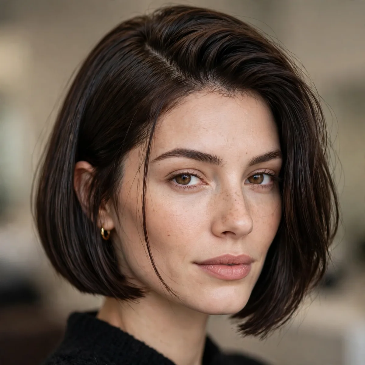 Blunt jaw bob styled with a deep side part for volume