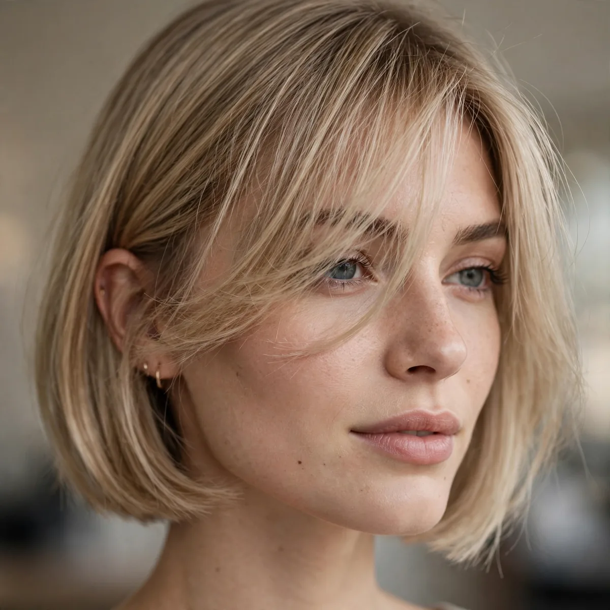 Jaw bob with long side swept bangs for fine hair