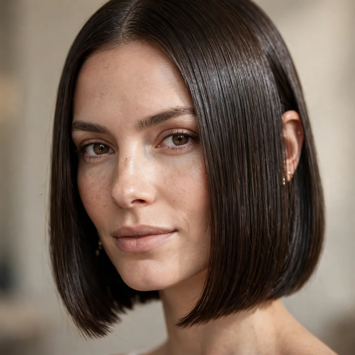 Sleek glass finish jaw bob on fine straight hair