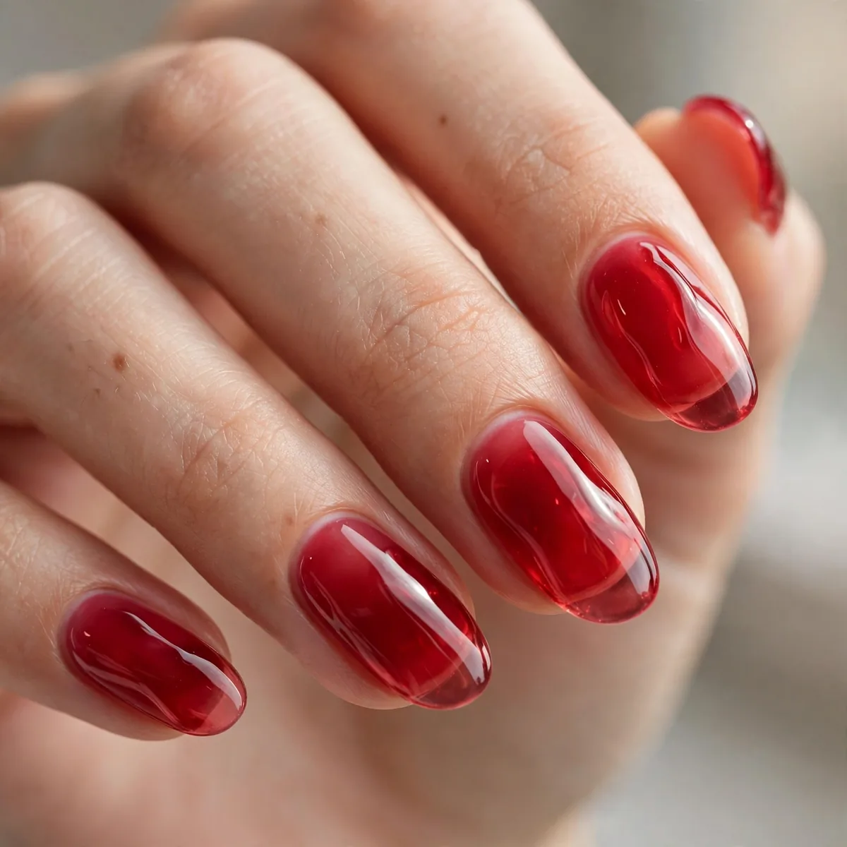 Translucent cherry red jelly nails
