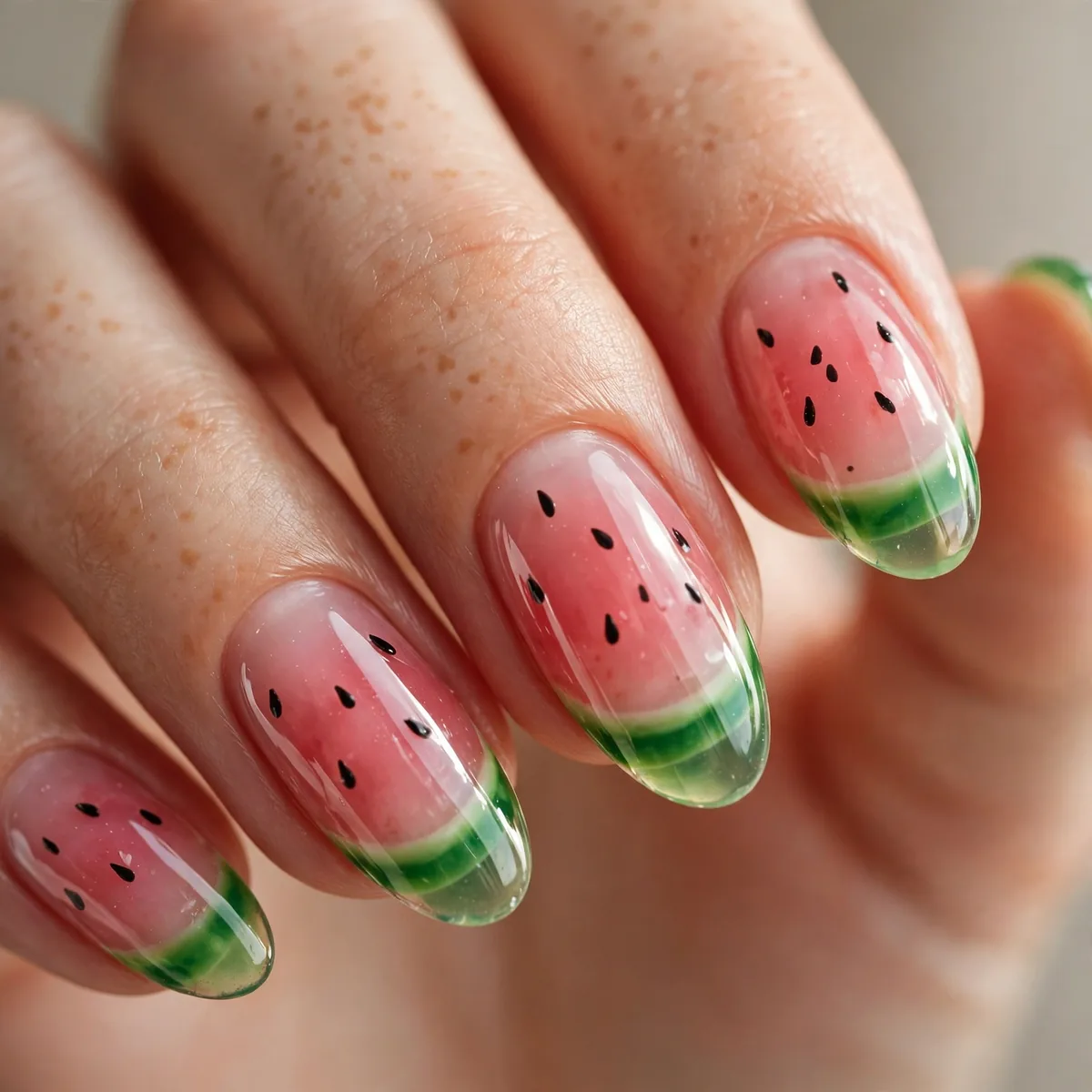 Watermelon pink green jelly nails