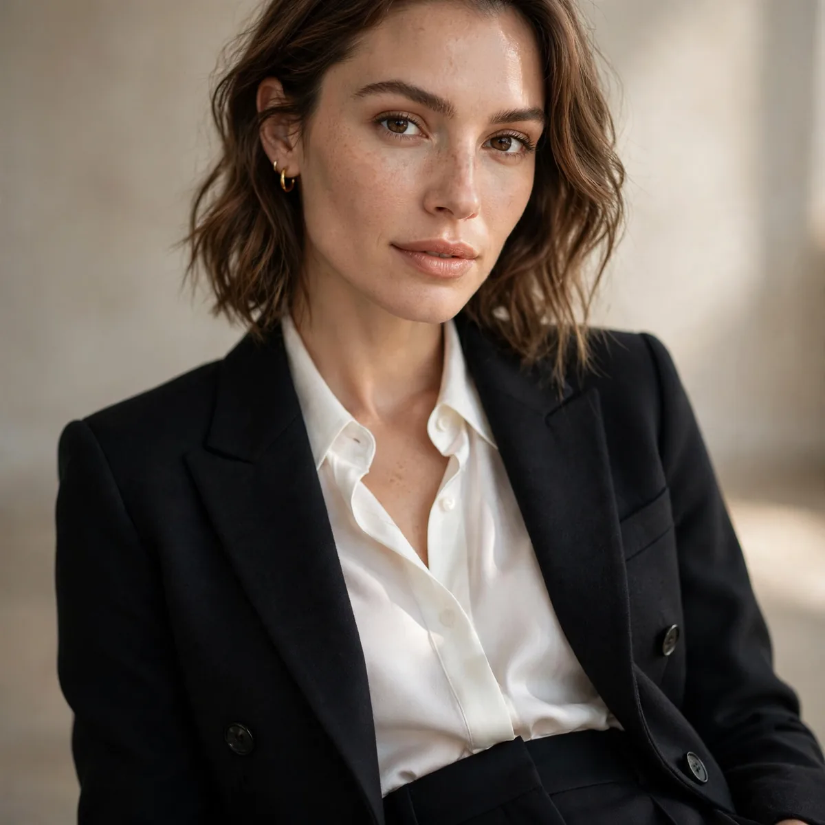 Blazer blouse trousers interview outfit