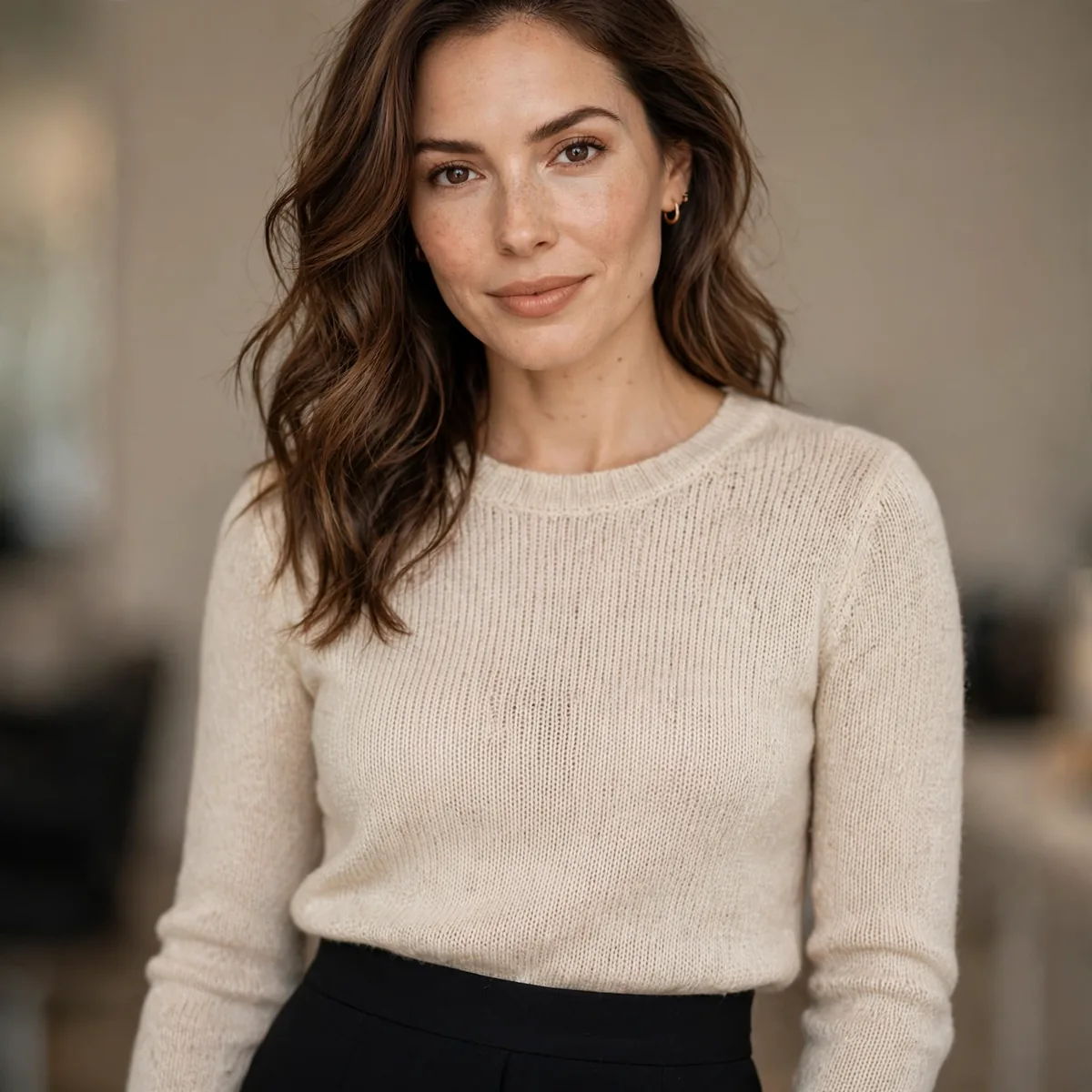 Fine knit with pencil skirt interview