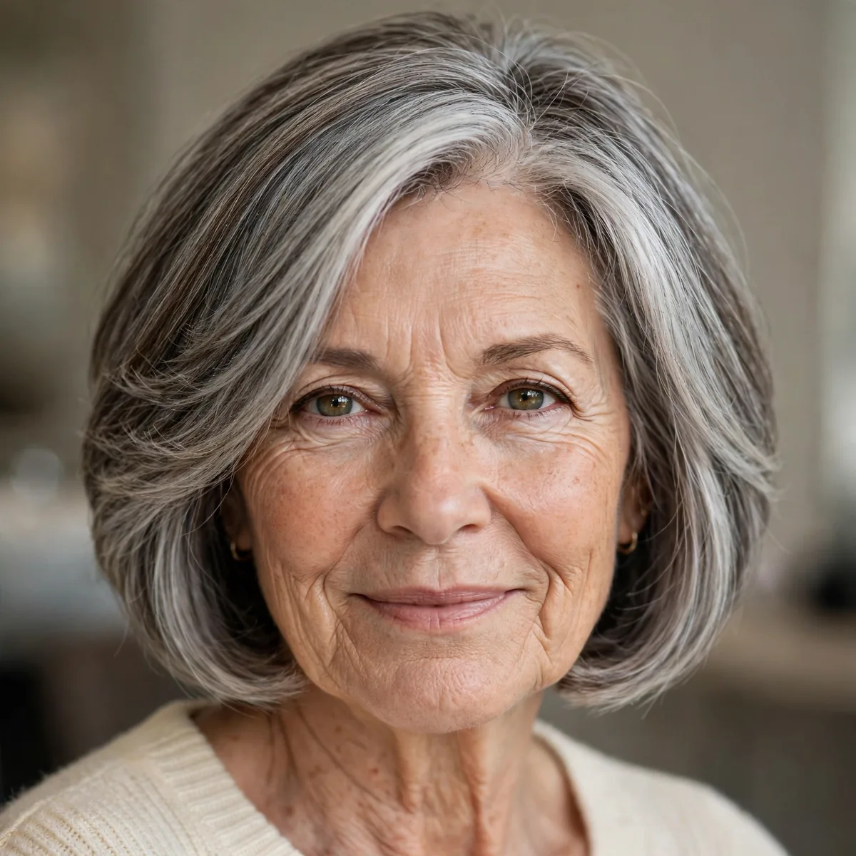 Classic chin length layered bob haircut on an older woman