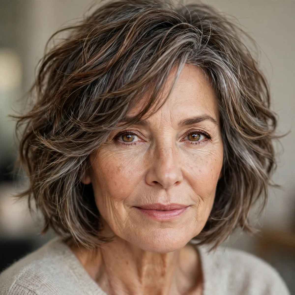 Tousled textured layered bob with effortless waves for mature women
