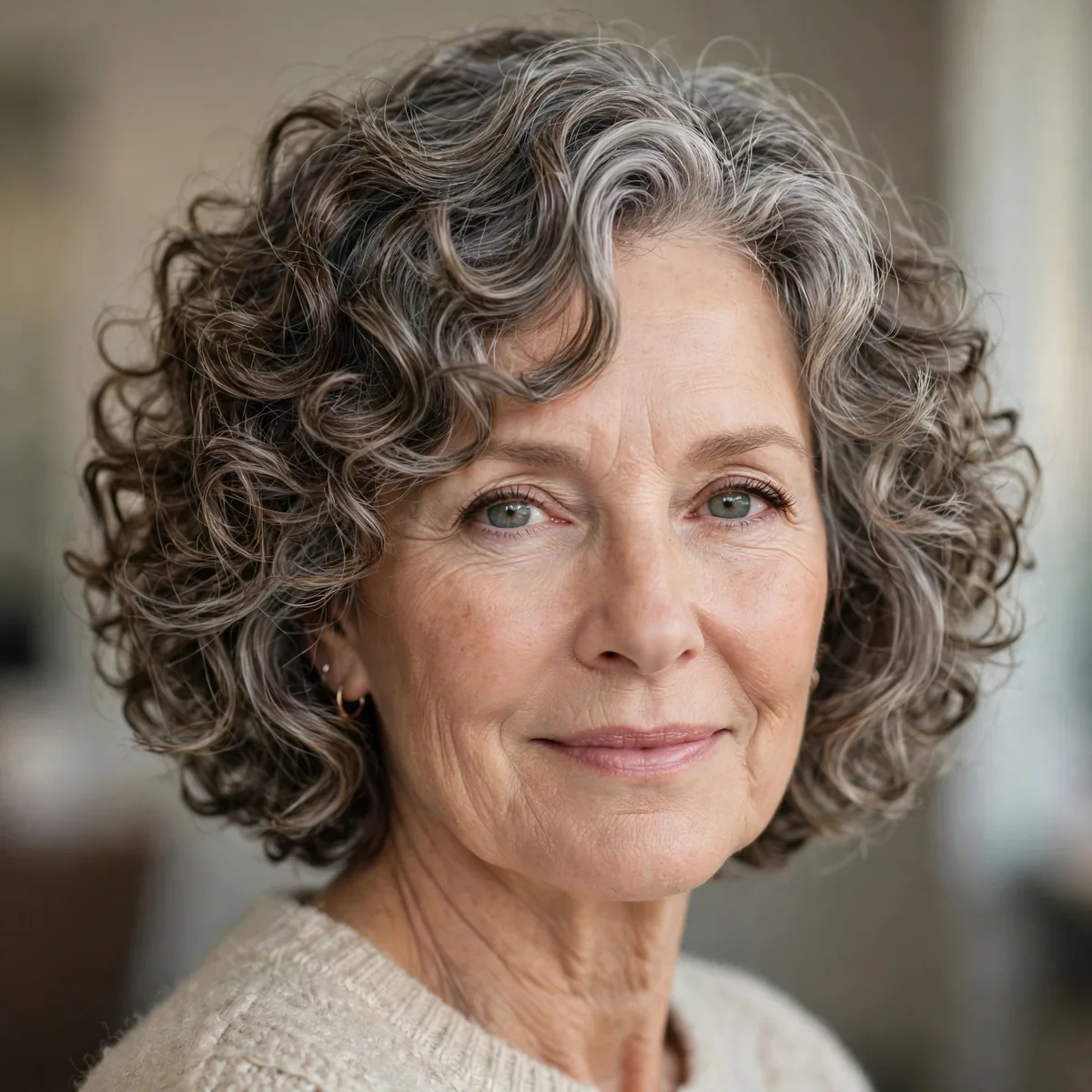 Curly layered bob with bouncy defined curls for older women