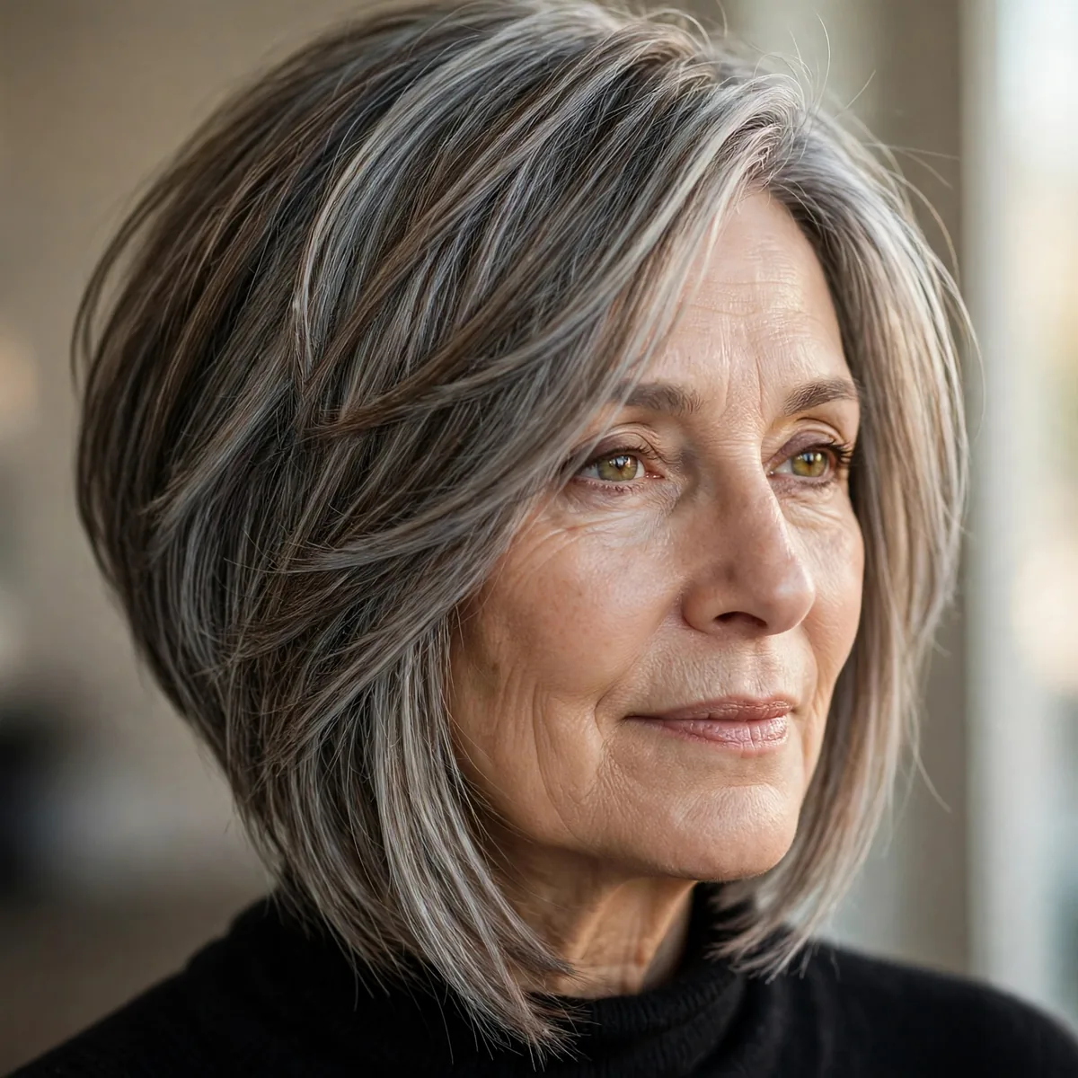 Asymmetrical layered bob with one side longer for an older woman