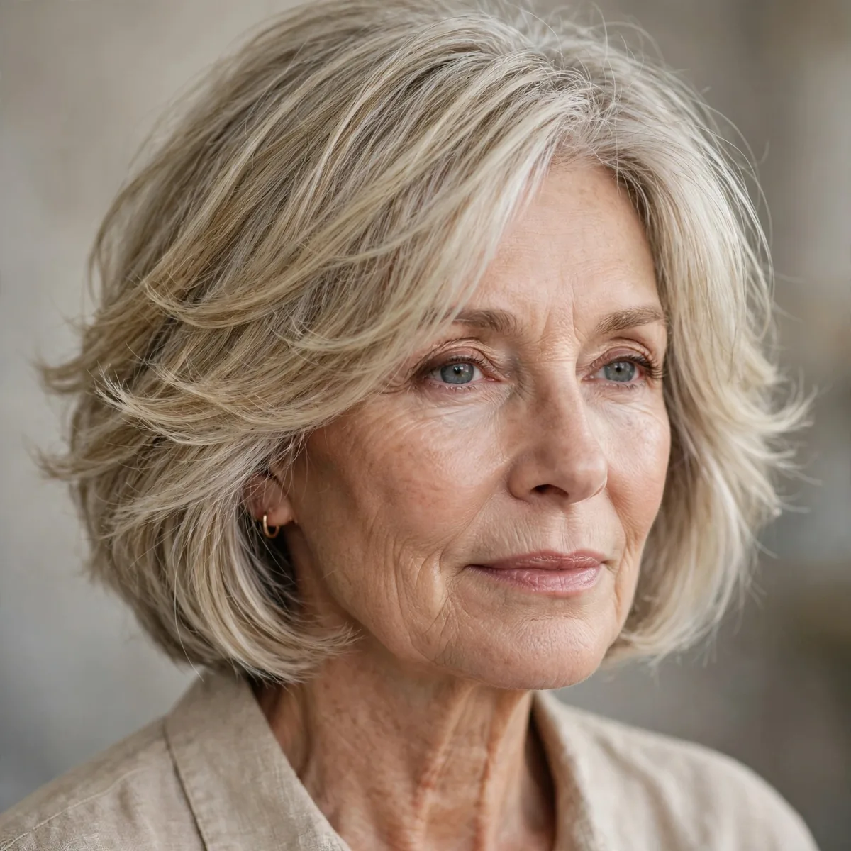 Feathered layered bob with soft airy layers for older women
