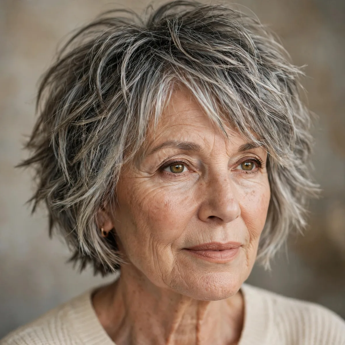 Choppy layered bob with bold texture for an older woman