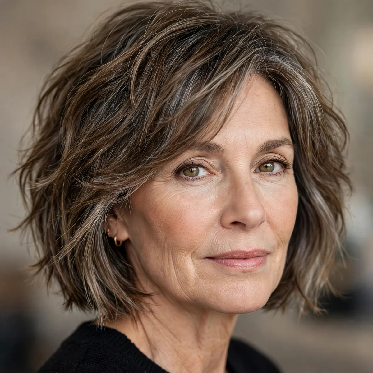 Textured long bob with piecey layers for women over fifty
