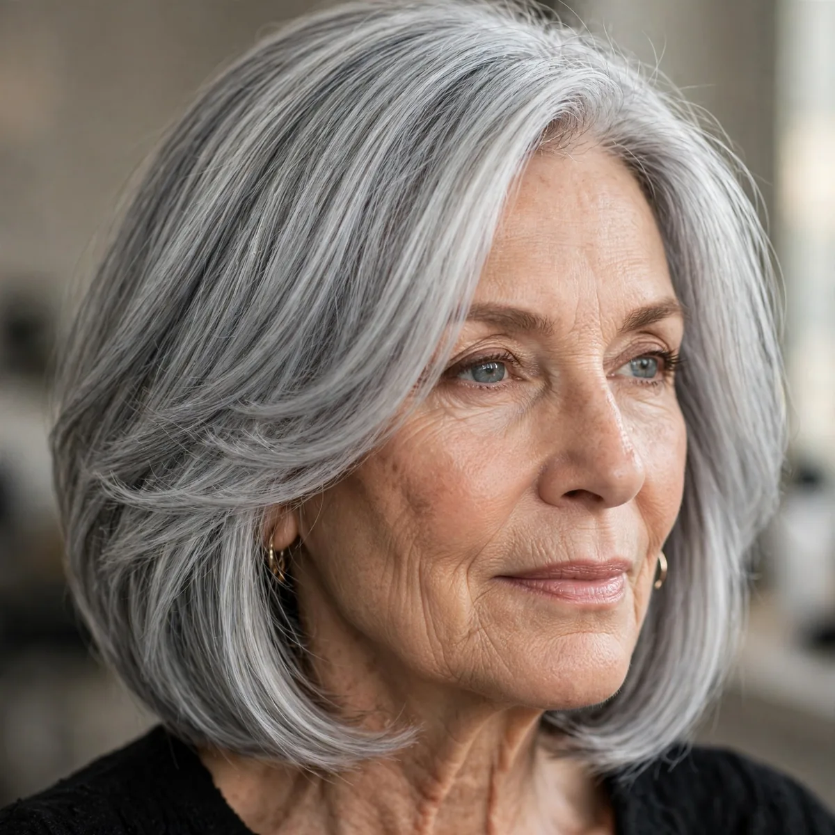 Elegant silver gray layered bob with shine for an older woman