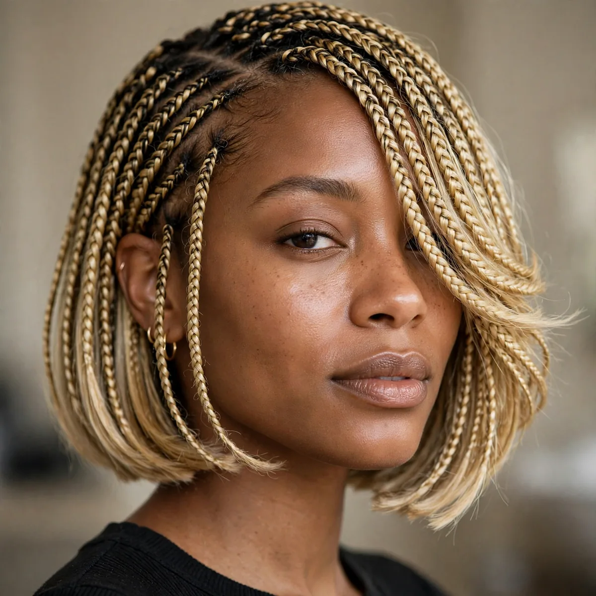 Chin length lemonade bob braids swept to the side