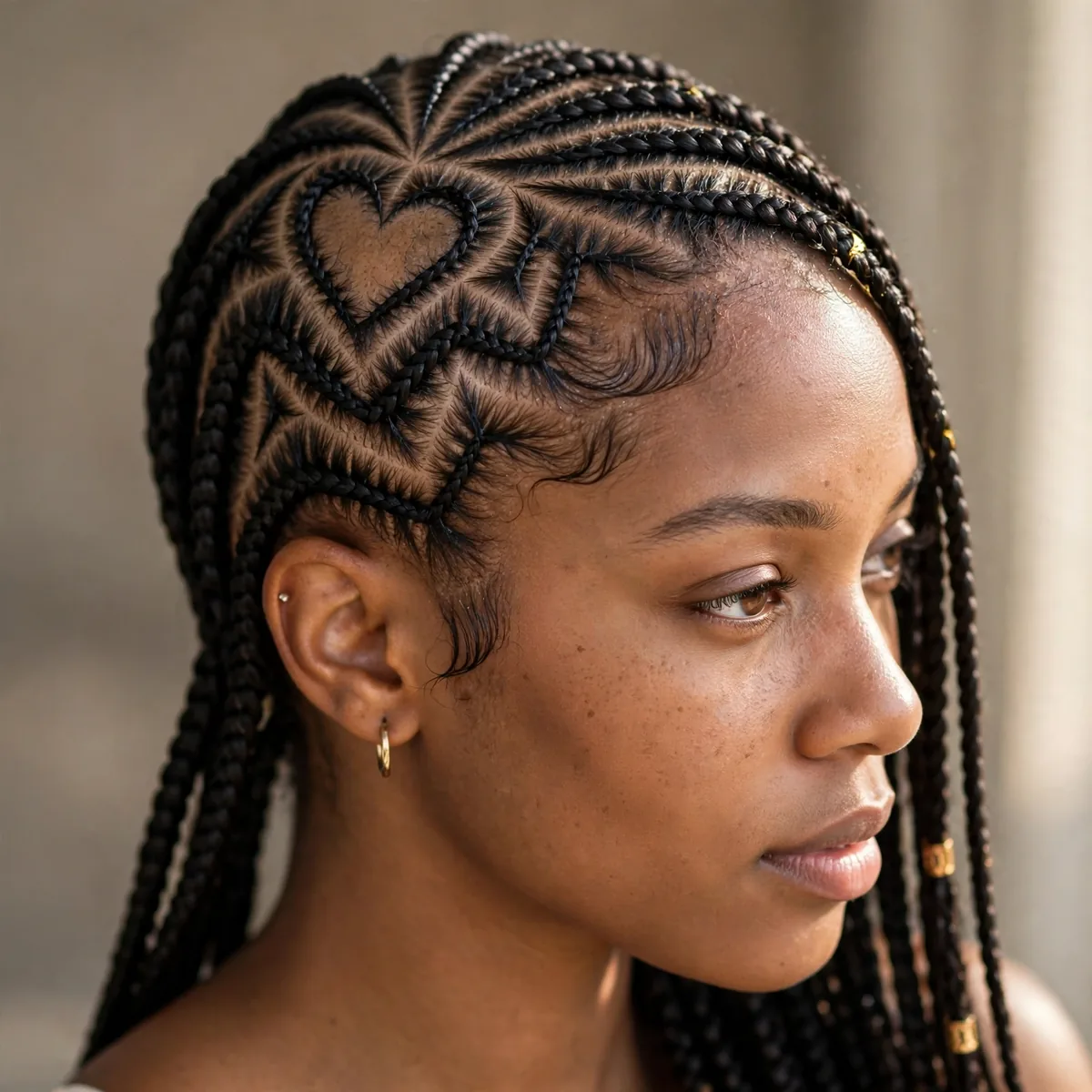 Lemonade braids featuring intricate heart and zigzag part designs