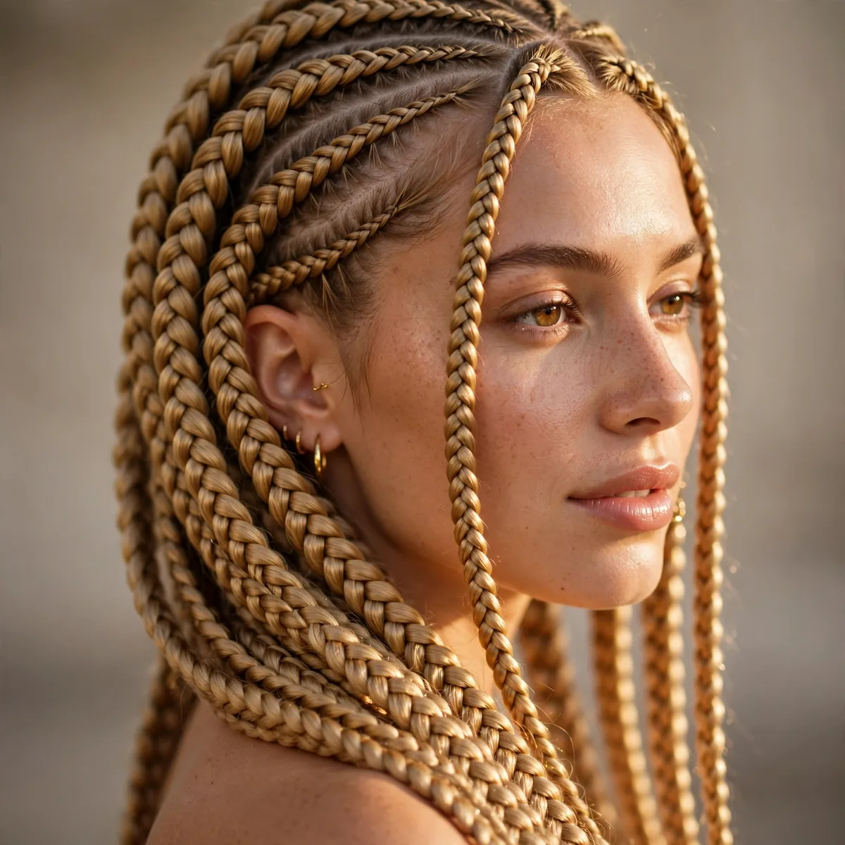 Honey blonde lemonade braids glowing in a side swept style
