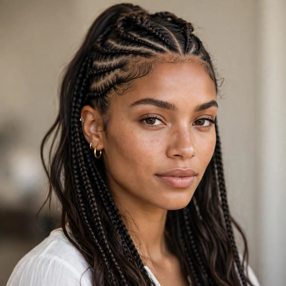 Lemonade braids styled half up with flowing braids below