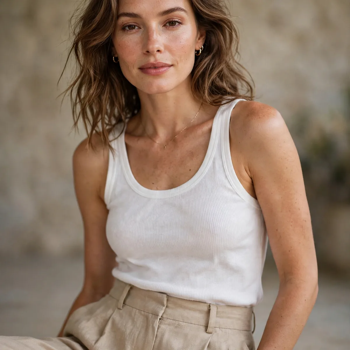 Beige linen trousers with white tank