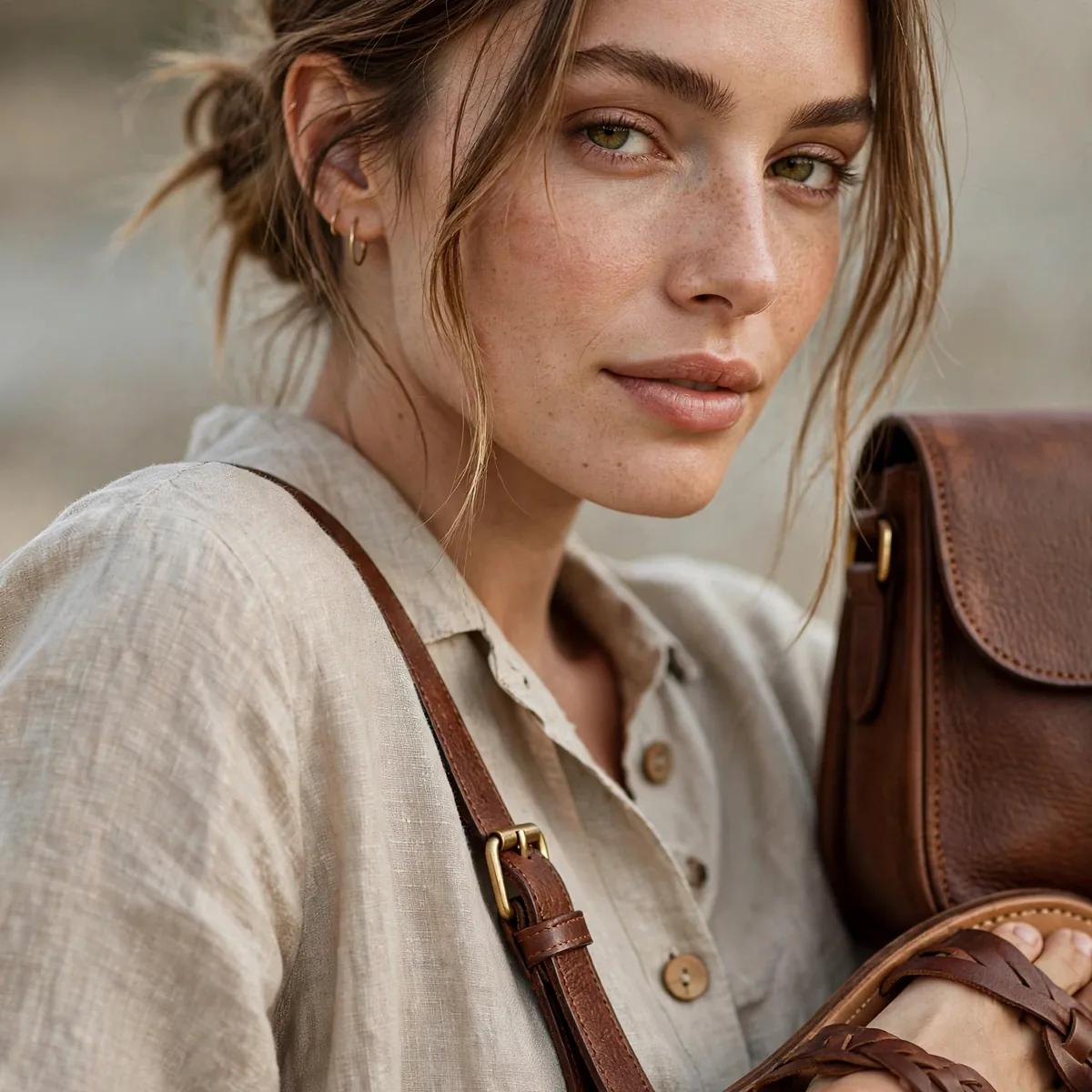 Linen dress with leather sandals and bag