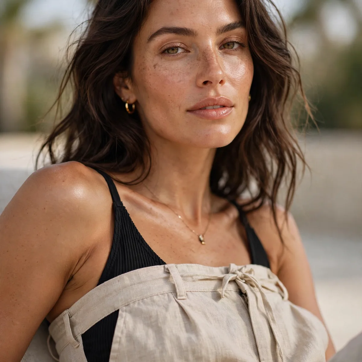 Linen pants over swimsuit resort look
