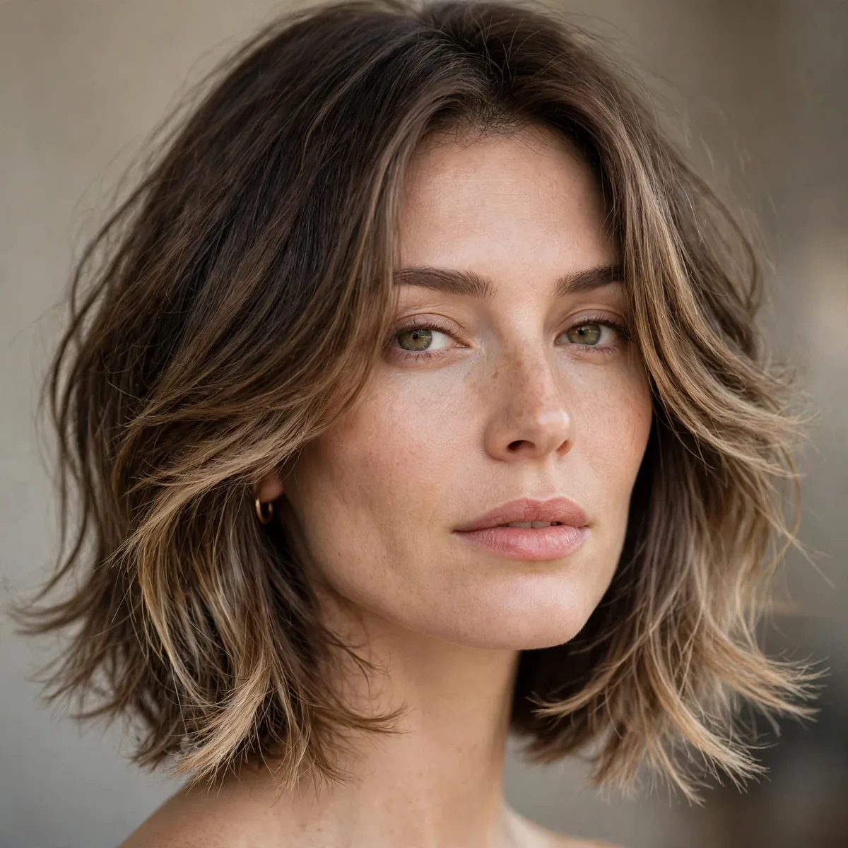 Feathered long bob with light wispy ends on thick hair