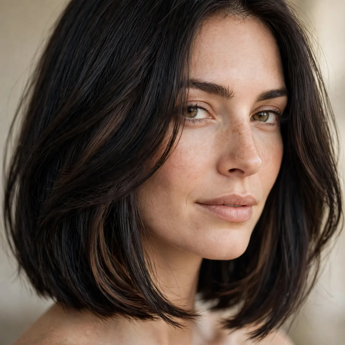 Long bob with invisible interior layers on thick dark hair