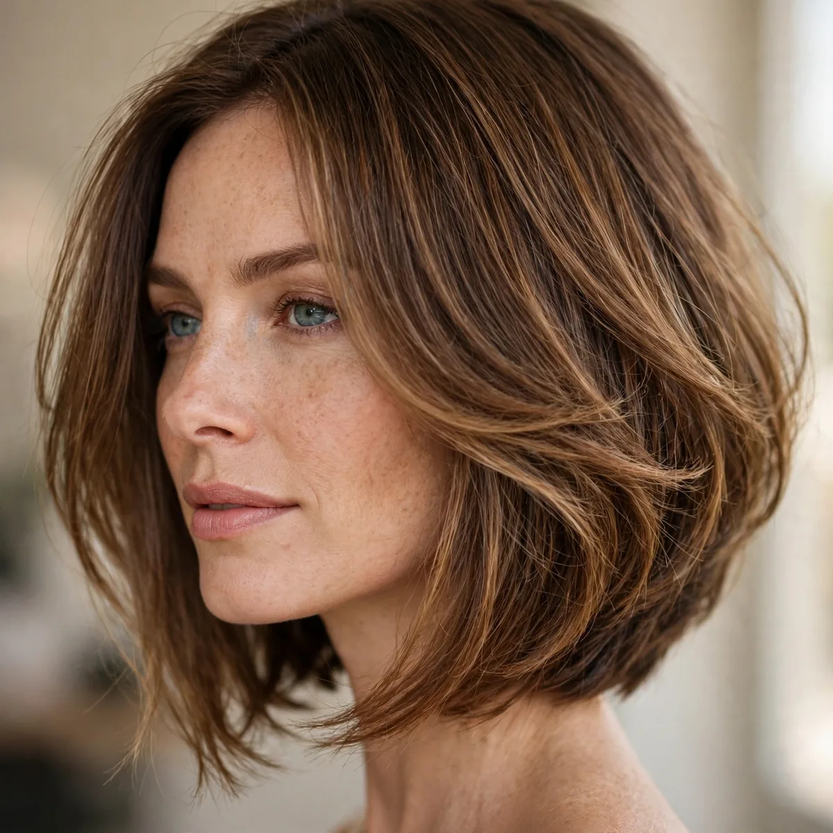 A-line long bob that is shorter in back and longer in front on thick hair