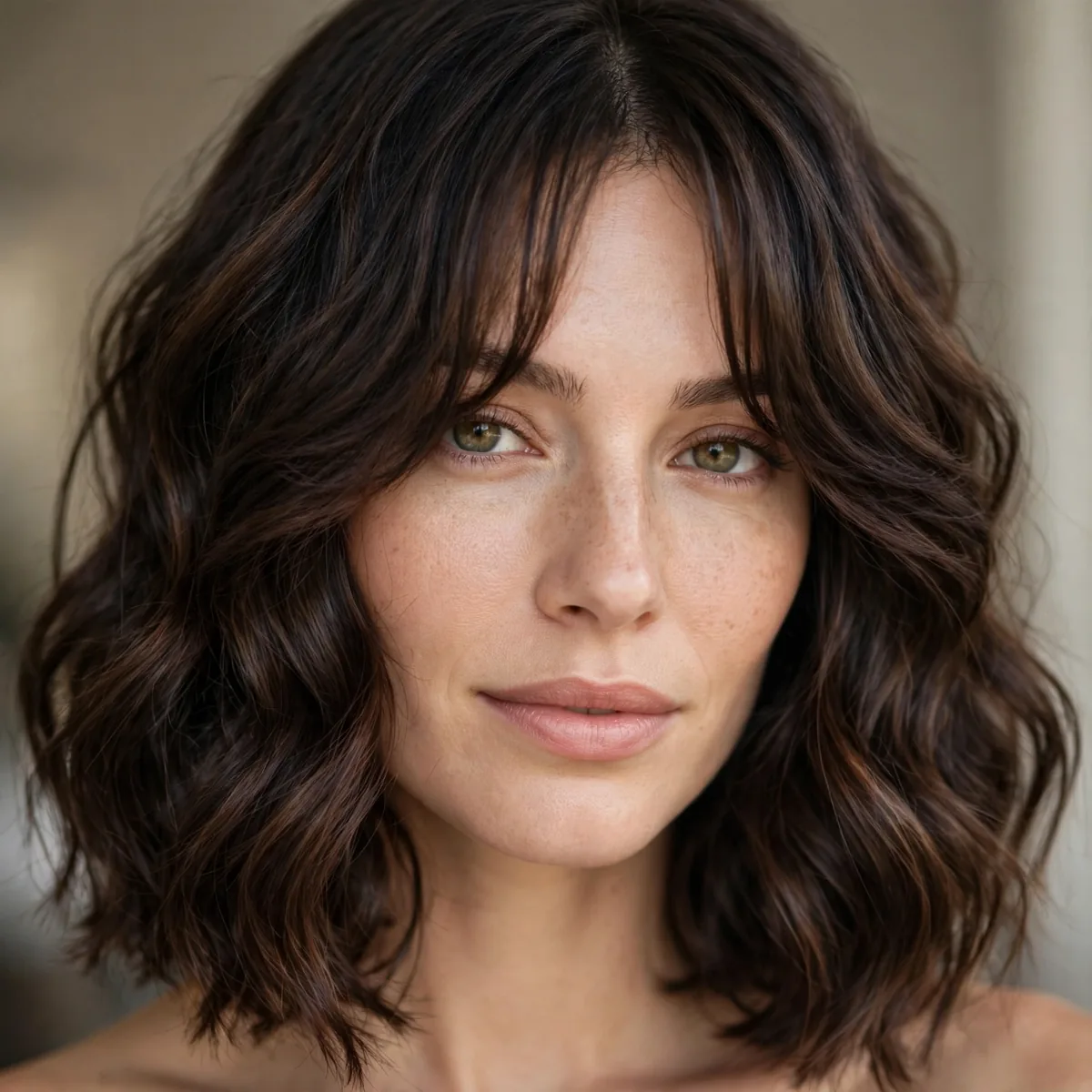 Long bob with curtain bangs framing the face on thick wavy hair