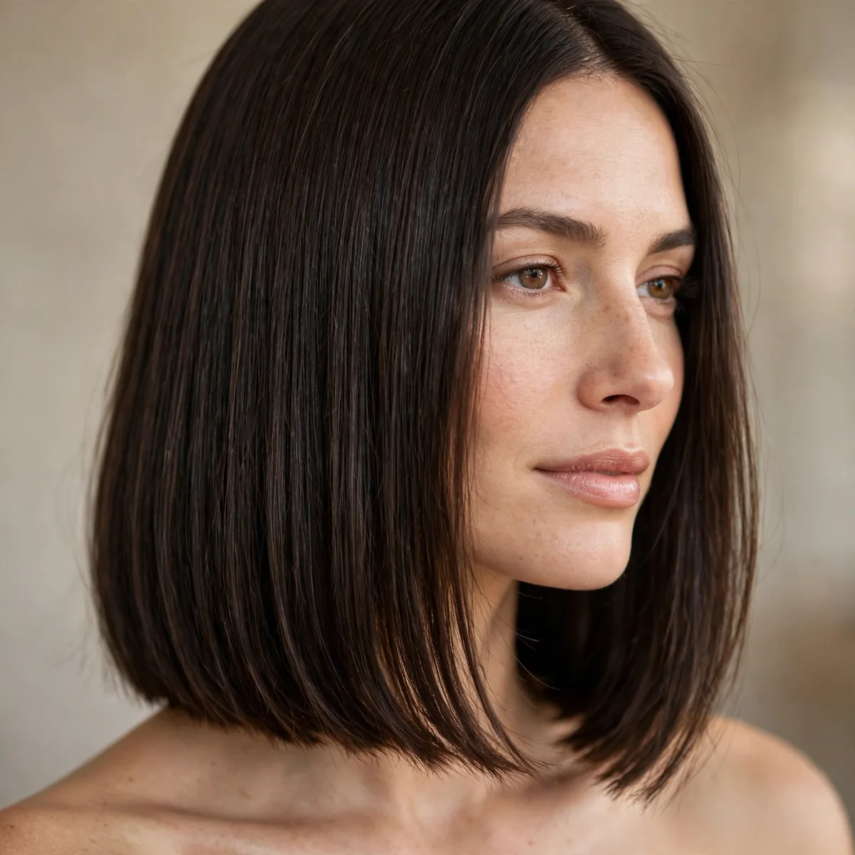 Blunt collarbone bob with subtle micro layers on thick straight hair