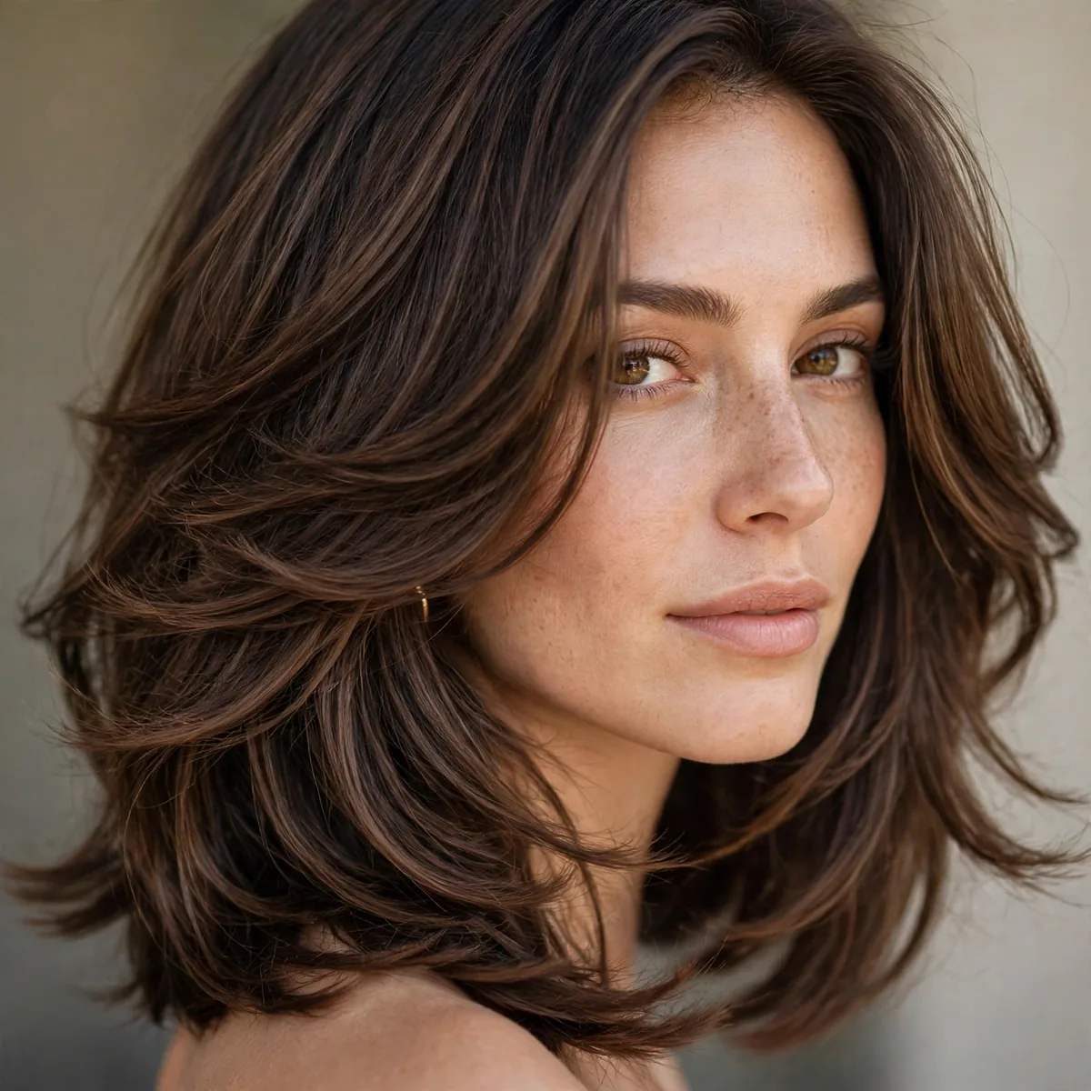 Long bob with cascading waterfall layers on thick brown hair