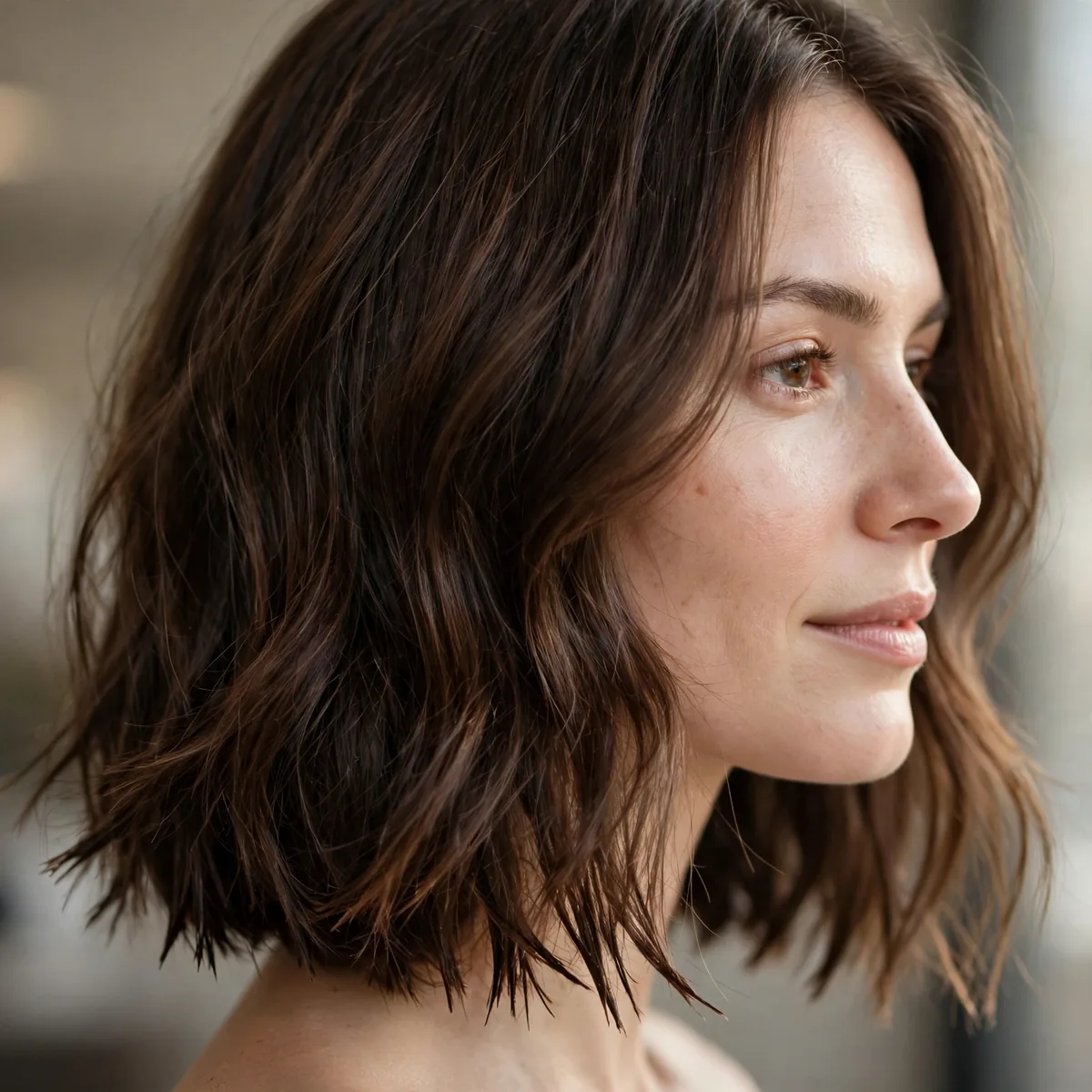 Long bob with razor cut textured ends on thick hair