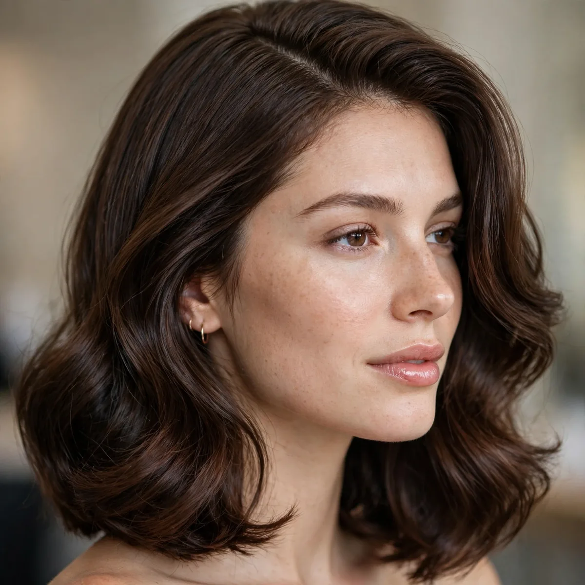 Long bob with a deep side part on thick glossy hair