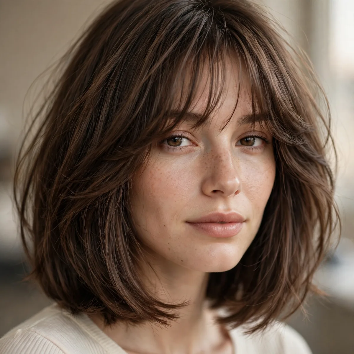 Long bob with soft wispy bangs on thick hair